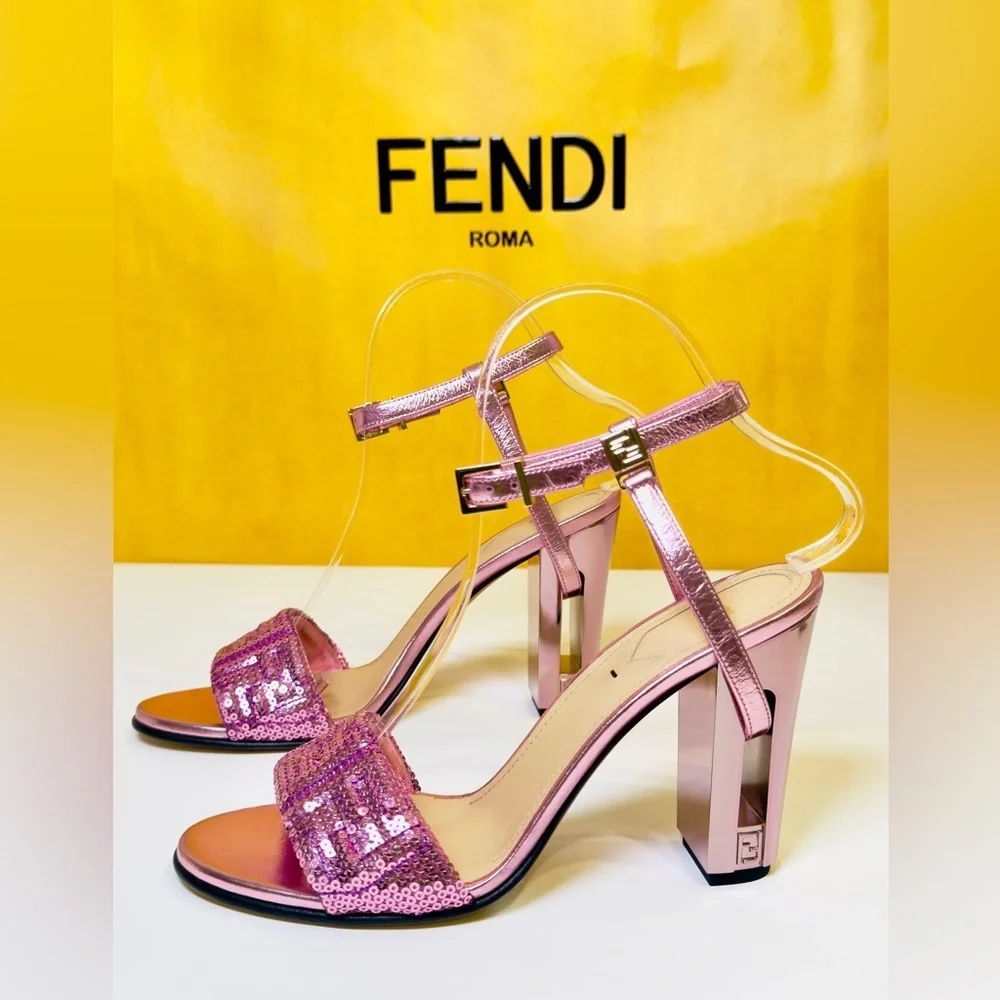 Fendi Delfina Heel Strap Sandals Pink Metallic Goat Leather FF Sequin Size 37 - Picture 2 of 16